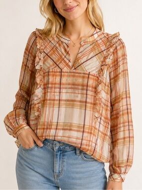Current Air Anthropologie Polly Ruffle Plaid Blouse XS Sheer 25602